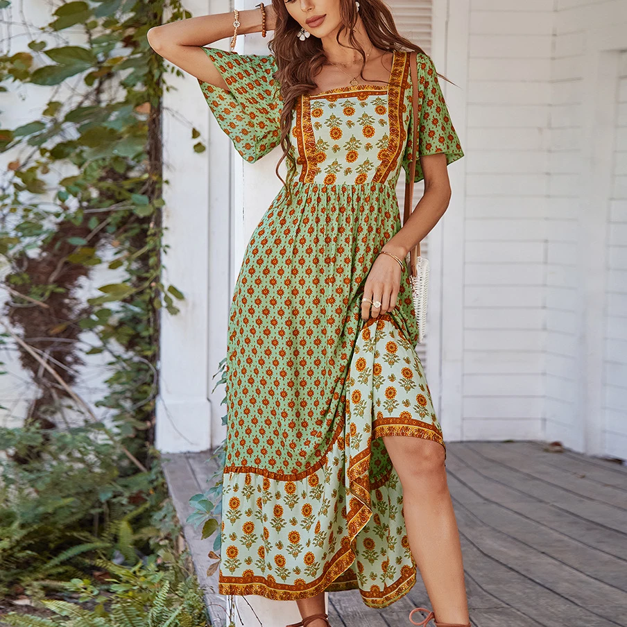 

Fashion Summer Printed Long Dress 2024 High Waist Square Neck Dresses On Sale Clearance New Bohemian Beach Style Womens Dresses