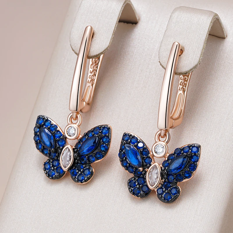 Kinel Hot Blue Natural Zircon Butterfly Drop Earrings For Women 585 Rose Gold and Black Plating Animal Daily Fine Punk Jewelry