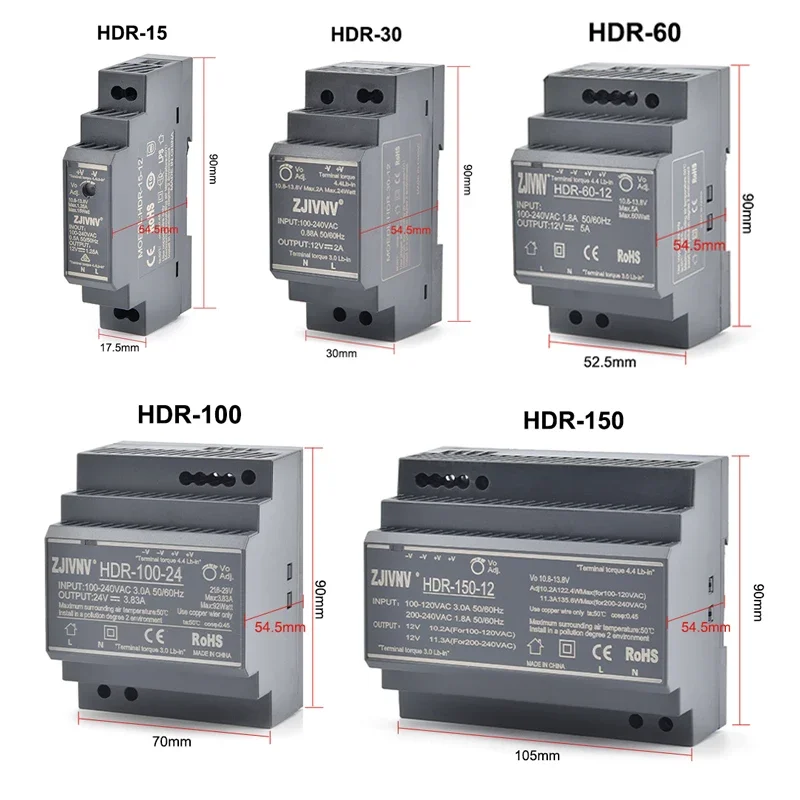 Din Rail 15W 30W 60W 150W Switching Power Supply AC-DC 12V 24V 36V 48V for Industrial Use HDR-15 HDR-30 HDR-60 HDR-100 HDR-150