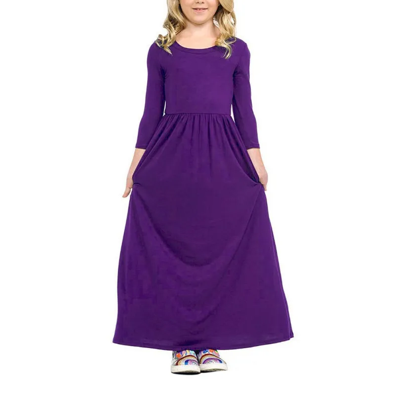 

2-10 Years Kids Long Sleeve Outfit for Bohemian Maxi Dresses Girls Solid Color Dress for Casual Parties