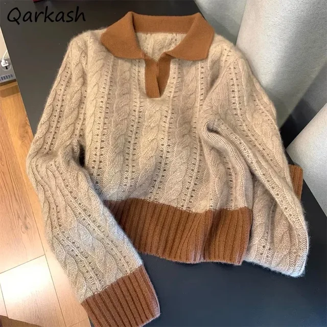 Jesień Vintage Swetry Pullovers Kobiety Brązowy Popularny Slouchy Temperament Tops Dzianina Swetry Dzianina Elegancki All-match Chic
