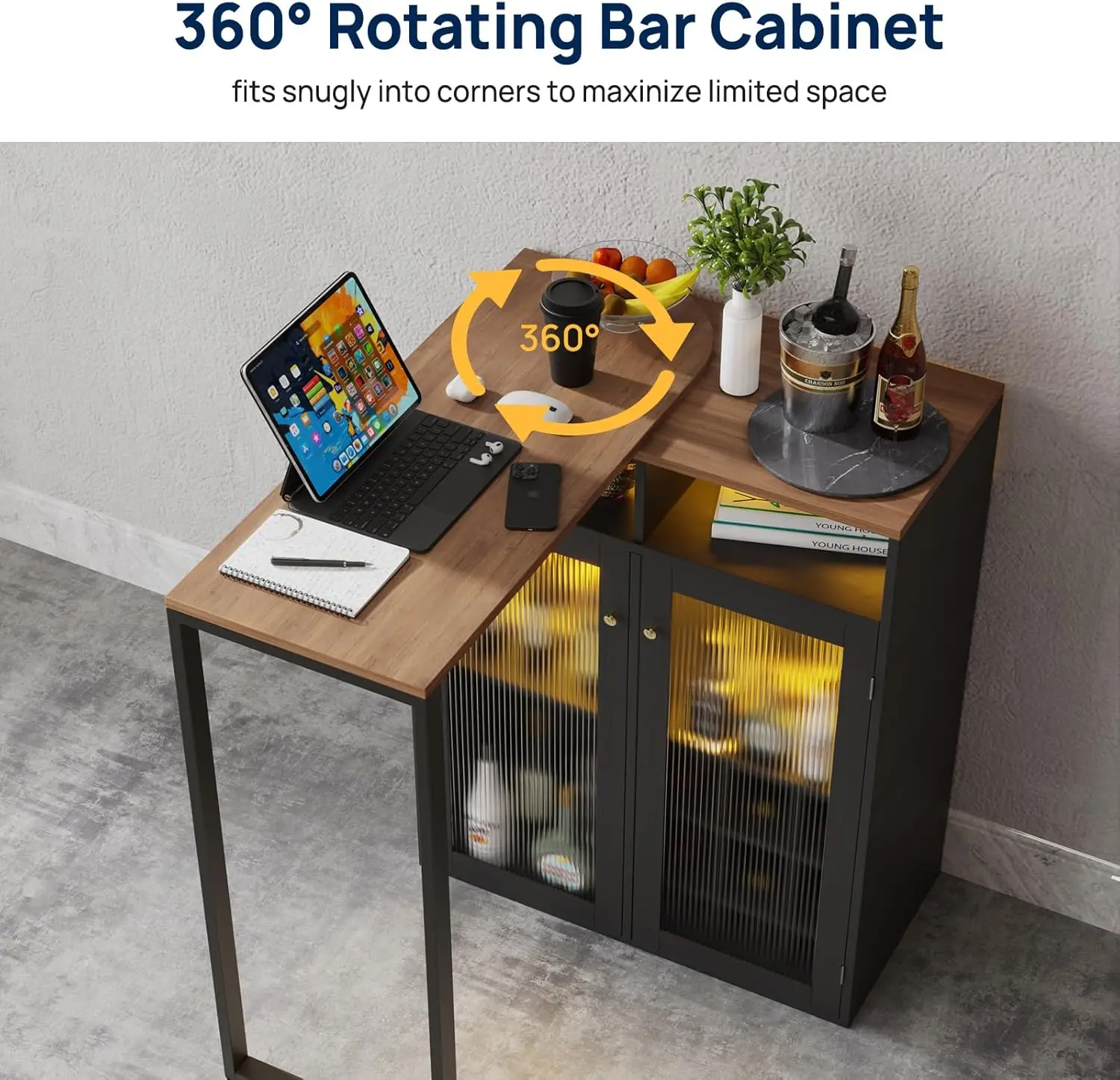 Barkast met opbergruimte voor thuis, 360° °   Roterende wijnkast, LED-bartafel met stopcontact, wijnrek en glazen houder, breakfa