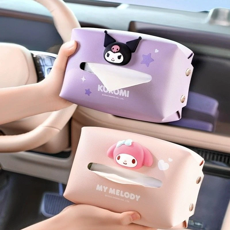 

1Pcs Car Tissue Box, Kuromi My Melody Cinnamoroll Cartoon Cute Hanging Tissue Holder, PU Car Interior Accessories for Women
