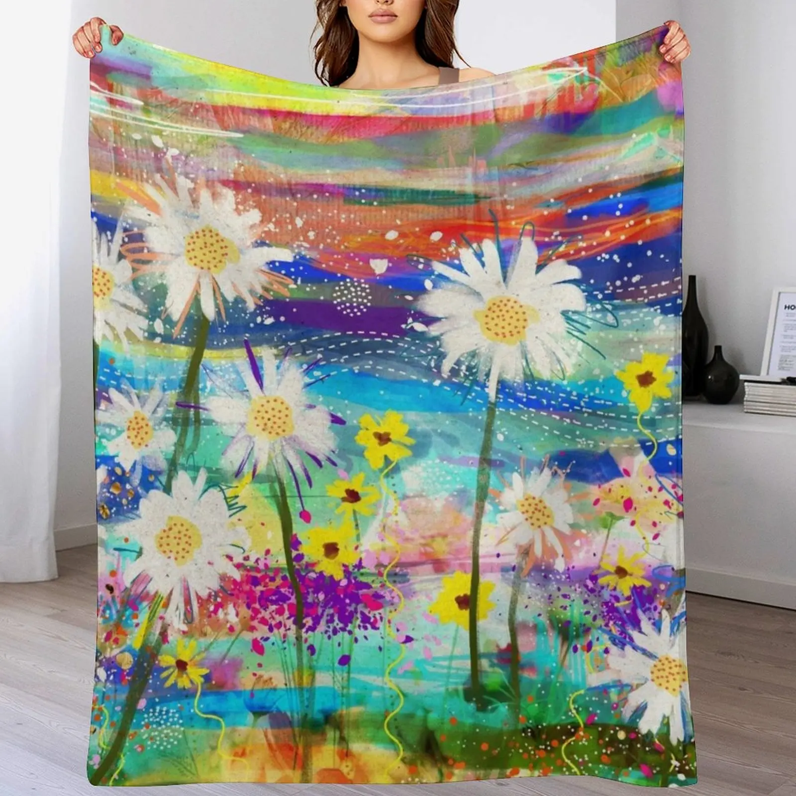 Vibrant Colorful Daisies Floral Art Bright Spring Flower Design Throw Blanket wednesday Nap Blankets