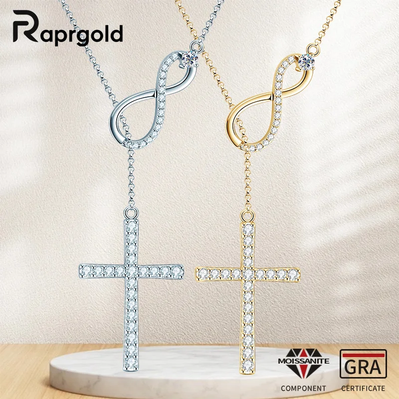 

RAPRGOLD Full Moissanite Y-shape Lariat Cross Heart Infinite Pendant Necklace Chain for Women S925 Sterling Silver Jewelry Gifts