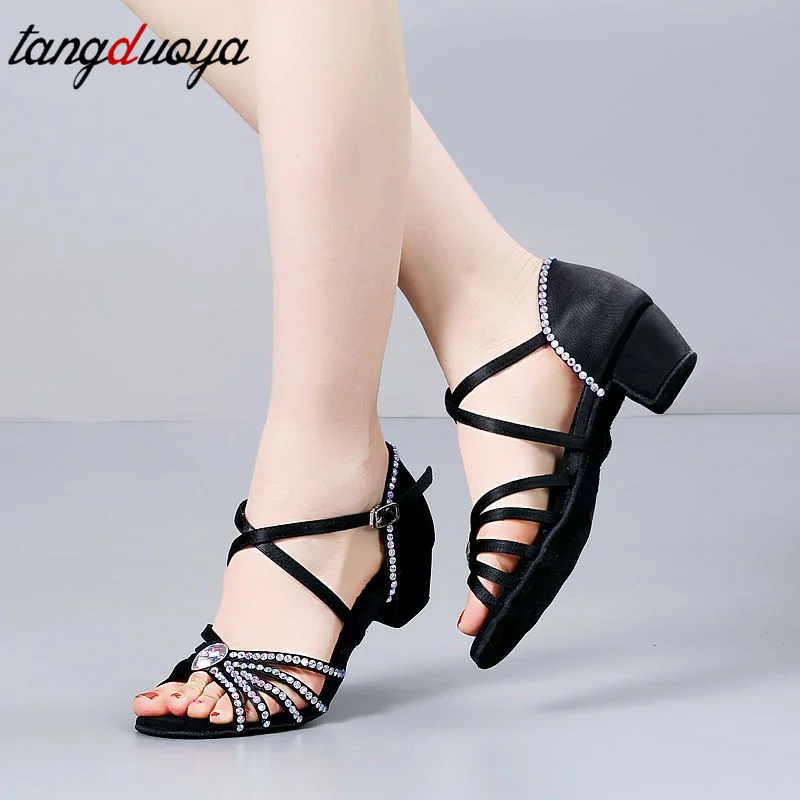 Girls latin dance shoes rhinestones women Ballroom Salsa Dancing Shoes Low Heels 3.5cm Children Tango Salsa Dance Shoes Sandals