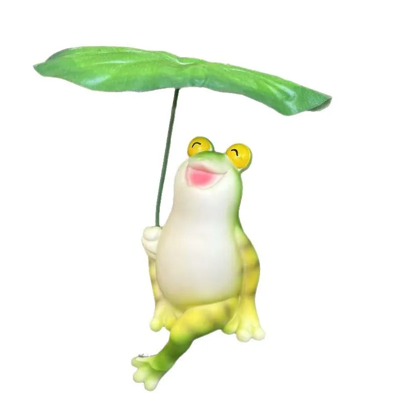 Cute Frog with Leaf Umbrella Garden Statue Resin Smiling Frog Figurine for Pond Patio Fairy Garden Decor  Gift for Animal Lovers