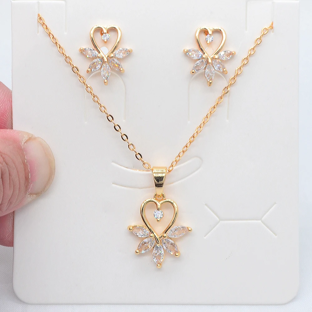 Fashion Gold Color Women Multicolor Cubic Zirconia Flower Earrings & Pendant Jewelry Set