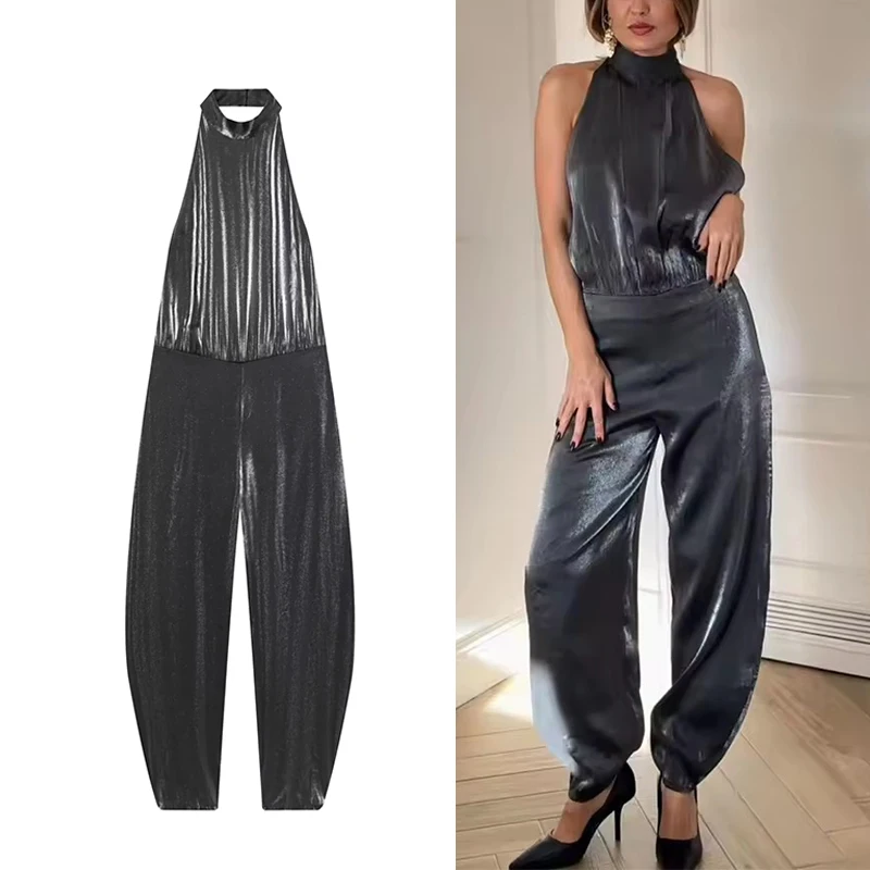 

2025 New Fashion Halter Neck Shining Jumpsuit For Women Elegant Backless Sleeveless Slim Fit Romper Street Chic Bodysuits ﻿