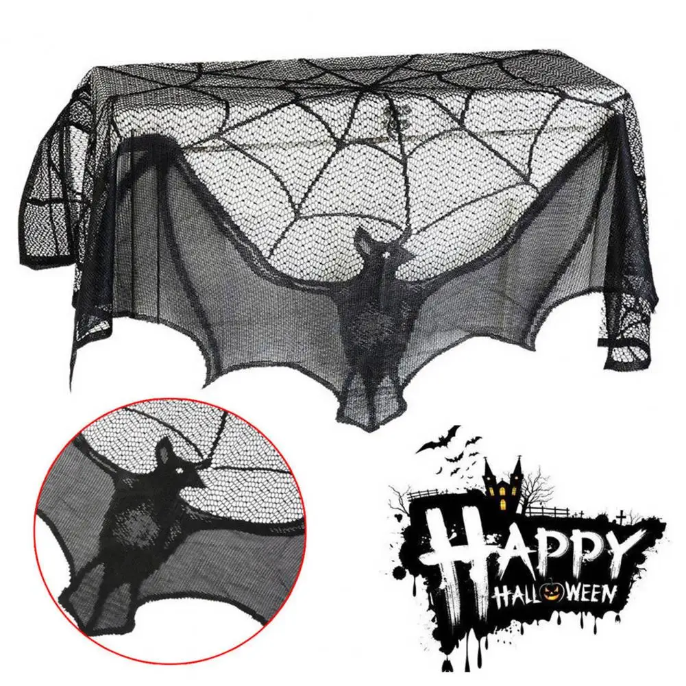 Bat Lace Curtain Spooky Halloween Lace Decor for Haunted House Party Bat Spider Web Window Valance Mantle Scarf for Fireplace