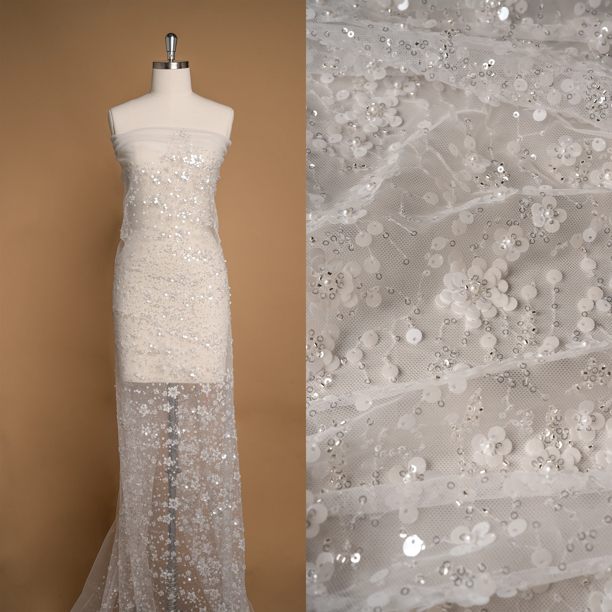 

Tulle Lace Fabric High Quality Create a Simple and Elegant Beautiful Wedding Dress With Fashionable Sequins and Pearls