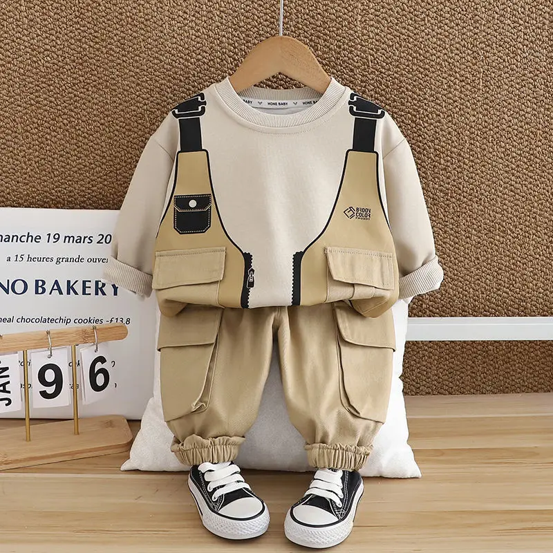 

Boys' Spring and Autumn Set New Handsome Work Clothes Baby's Autumn Western Long Sleeve Hoodie Two Piece Set Trendy