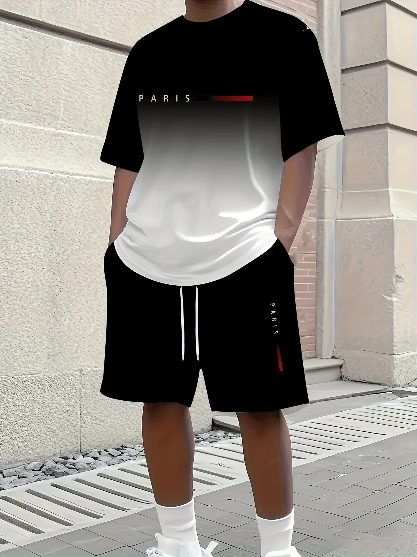 2025 Set di due pezzi con stampa sfumata minimalista alla moda dei nuovi uomini T-shirt girocollo e pantaloncini Streetwear e sport all'aria aperta