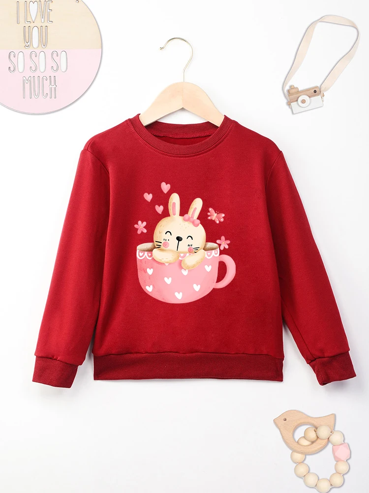 Cute Toddler Girl Clothes Cartoon Rabbit Print Red Sweatshirt for Children European Style Fashion Urban Streetwear Fine Cheap