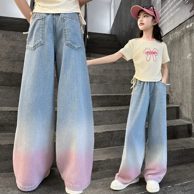 Teenage Cowgirl Wide-Leg Jeans Kids Girls Gradient Color Denim Pants Children Outerwear Long Trousers Girl Clothing 5-14 Years