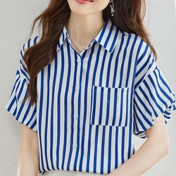 Chiffon Women's Shirt Stripe Vintage Blouses Summer Sleeveless Women Tops Pockets Loose Fashion Clothing