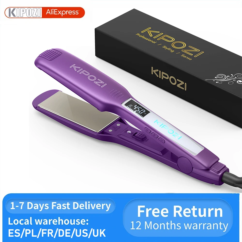 Plancha de pelo profesional KIPOZI, plancha plana de titanio con pantalla LCD Digital, rizador de calentamiento instantáneo de doble voltaje, regalo