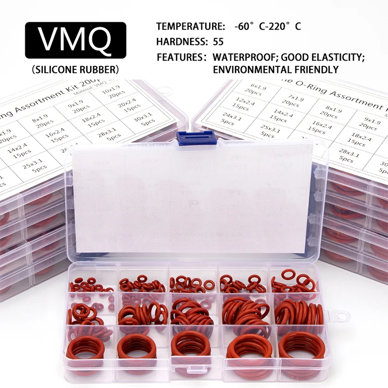 150PCS/box VMQ Sealing O-rings OD 6mm-30mm CS 1mm 1.5mm 1.9mm 2.4mm Red Silicone Gasket Replacements Assortment Kit HG012-013