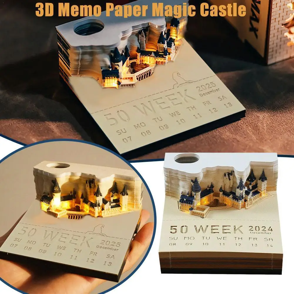 NEW High-looking 3D Notepad Cubes 160Sheets Howarts Castle Led Memo Pad Calendar 2025 Tear-Off Pad Desktop Small Ornaments Gifts