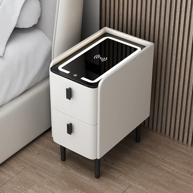 Nordic Style Wooded Bedside Table Smart Bedroom Nightstands with Wireless Charging Bluetooth Storage Cabinet with 2 Drawers