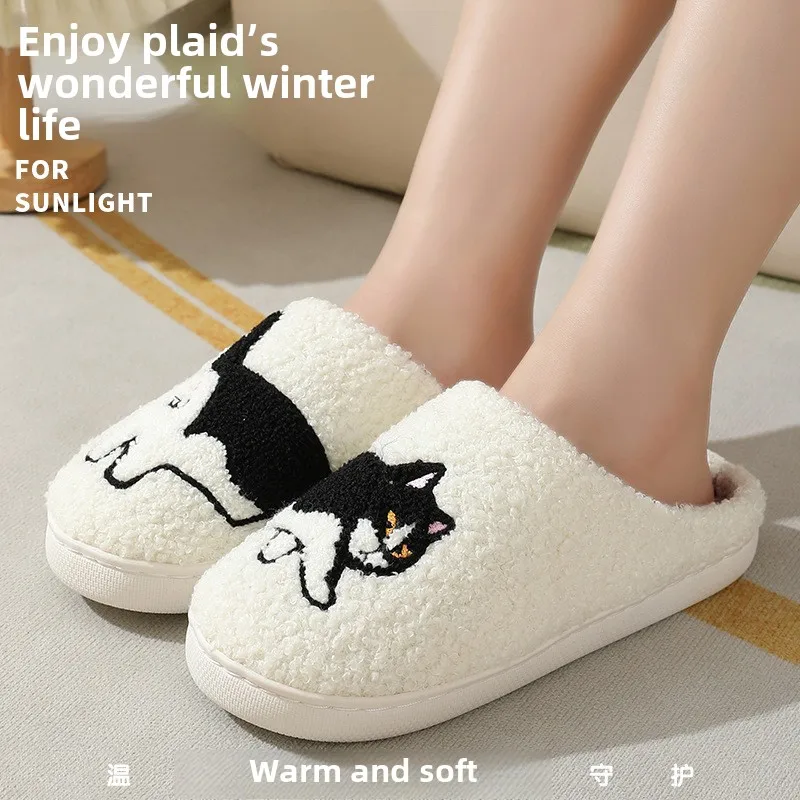 Cute Cartoon Cats Pattern Slippers Women Casual Soft Sole Plush Lined Home Shoes Woman Non-slip Comfort Warm Winter Slippers