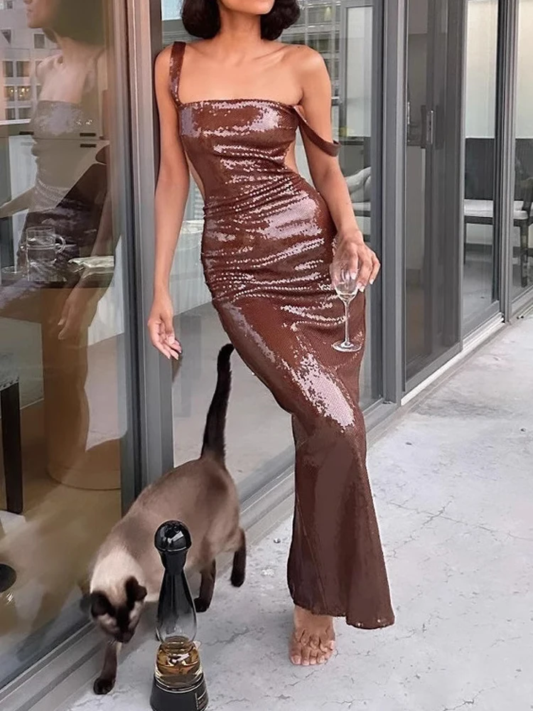Women Fashion Sequins Slim Fit Suspenders Dress Elegant Sleeveless Solid Club Party Dress Sexy Backless High Waist Long Dresses - view 5