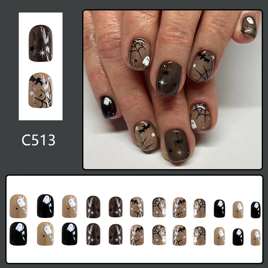 24Pcs/set Black Halloween Press on Nails Pumpkin Ghost Cat Design Short Square Fake Nails Full Cover Acrylic Nail Tips for Women