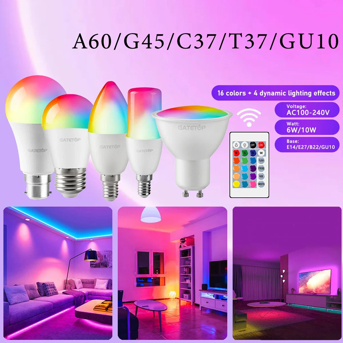 

5PCS Dimmable RGBW LED Smart Bulb infrared Remote Control Bulb GU10 C37 G45 6W 10W color light suitable for family holiday party