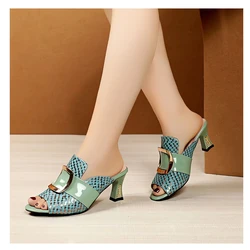 2024 Open Toe Women's Sandals Elegant Thick Middle Heel Slippers Fashion Summer Comfort Woman Middle Heel Shoes Chaussure Femme