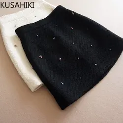 KUSAHIKI Autumn Winter New Bottoms Fashion High Waist Women Woolen Skirt Korean Chic Diamonds A-line Mini Skirts Mujer Faldas