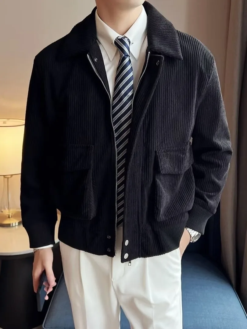 

Мужская куртка в стиле ретро: новая осенне-зимняя теплая вельветовая бейсбольная куртка с большими карманами, корейский стиль, верхняя одежда