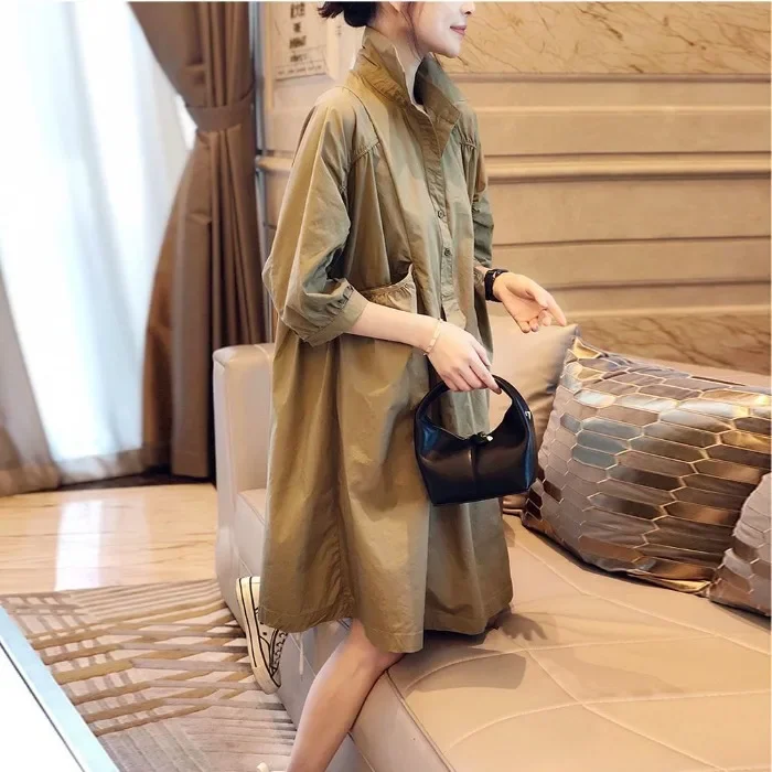 Korejepo Long Shirt Dress Women Quarter Sleeved Loose Casual Minimalist Shirts Dresses 2024 Mid Length Style Temperament Clothes