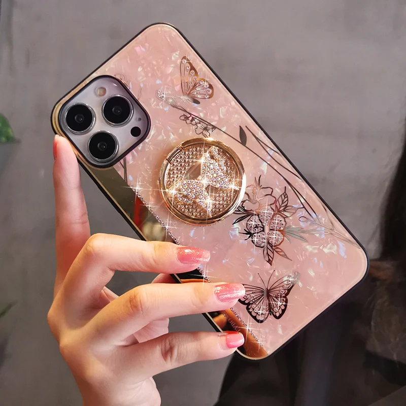 Custodia per telefono a farfalla con supporto ad anello per iPhone X XR XS 14 13 12 11 Pro Max 7 8 Plus SE2 Cover Luxury Creative Mirror Glitter