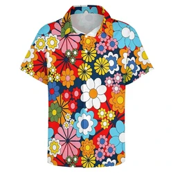 Blusas gráficas de flores coloridas para hombres, camisas de playa con estampado Floral brillante en 3D, camisas de vacaciones estéticas Y2k, Tops de manga corta para niños