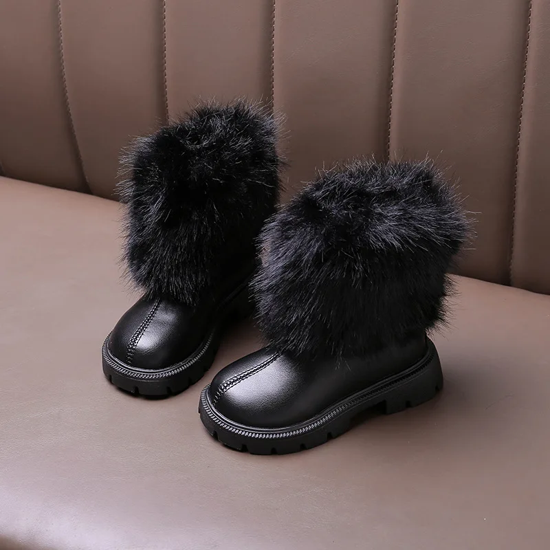 

Warm Faux Fur Mid Calf Boots Girl 2025 Winter Comfort Non Slip Thick Bottom Rear Zip Boots Fashion Solid Long Plush Booties
