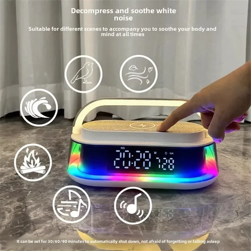 2025 New Creative Mobile Wireless Charging Alarm Clock Bluetooth Speaker Portable White Noise USB Desktop Speaker RGB Music Box