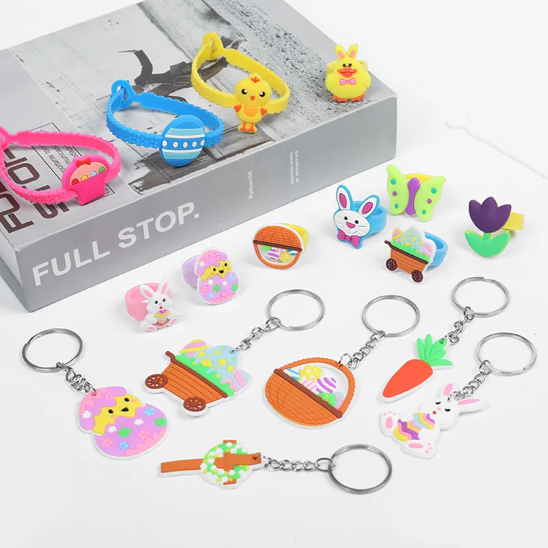 Easter Cartoon Bracelets Ring Keychain Bunny Eggs Soft Rubber Wristband Cute Chick Happy Easter Party Gifts For Guests Kid Favor