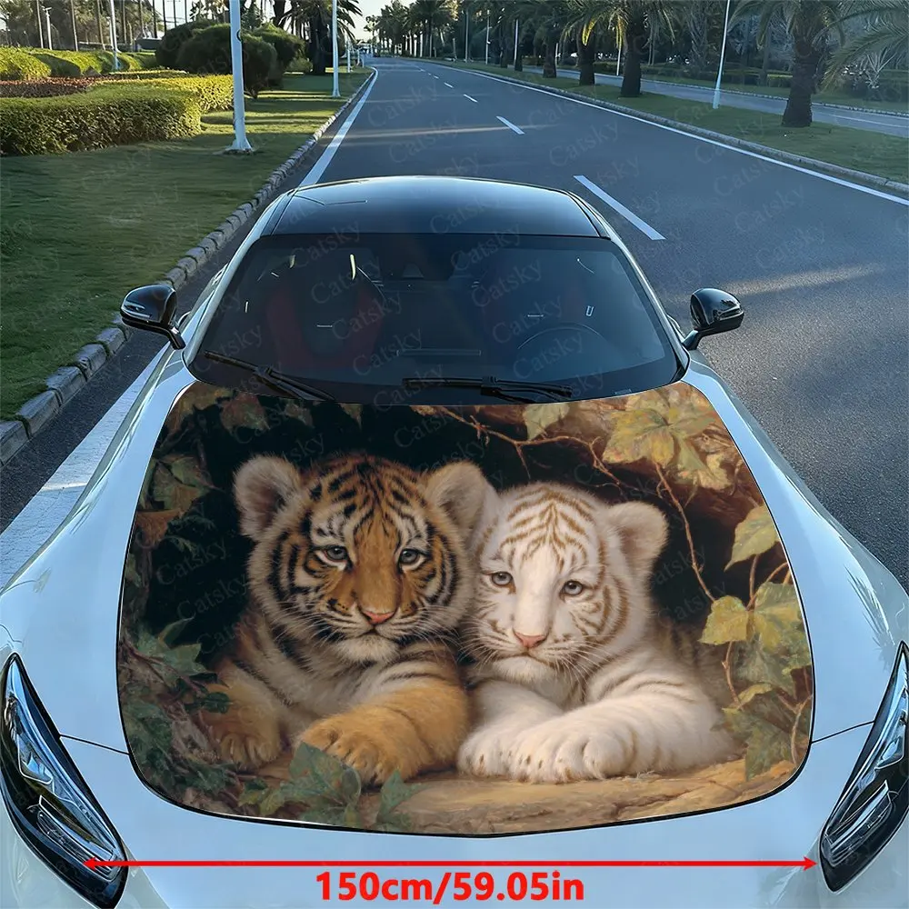 Little Tigers Cuddling Up To Each Other Car Vinyl Wrap - Splash-Resistant Engine Hood Decal Sticker, Easy Removal Durable Person
