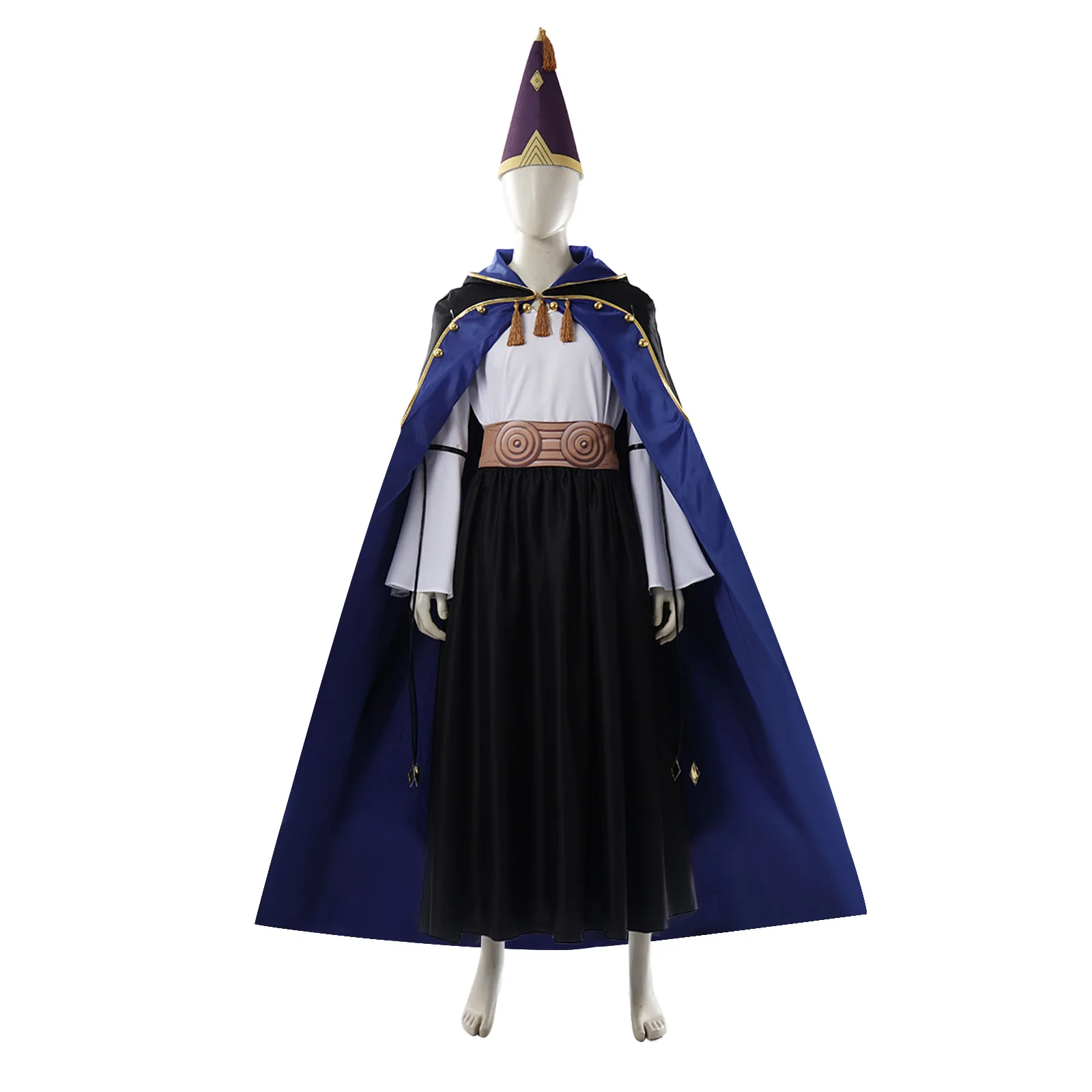 

Full set of wizard cosplay costume, including a blue cloak and a purple pointed hat, suitable for Halloween revelry
