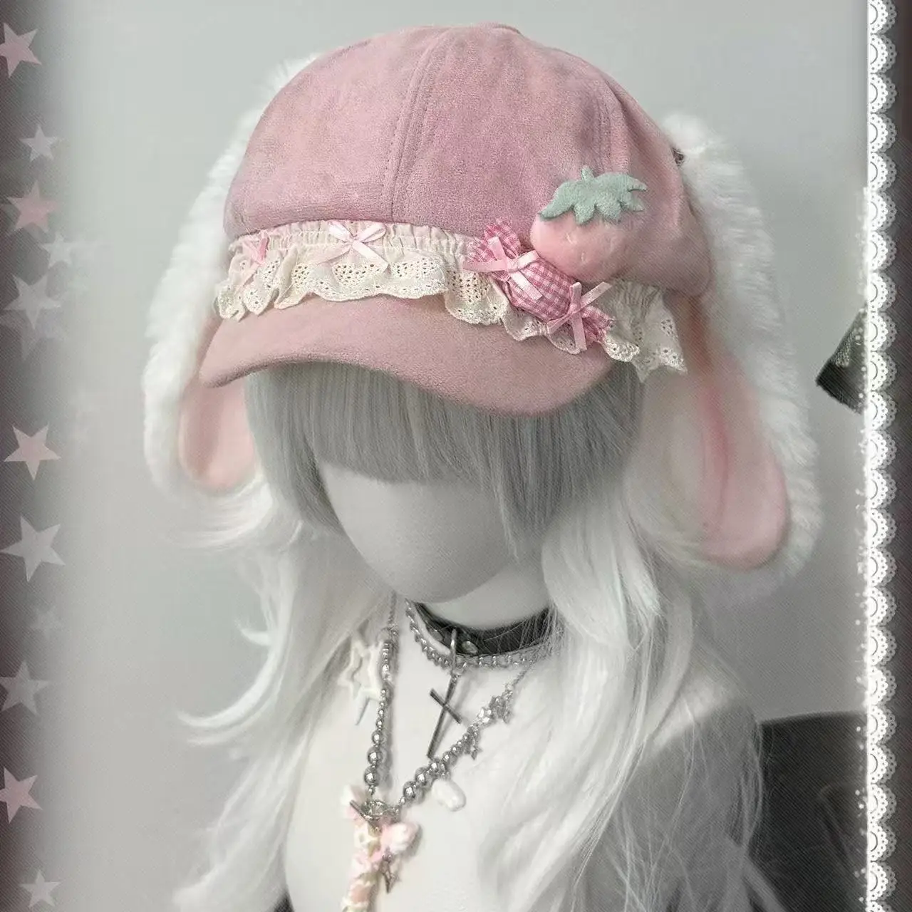 딸기 토끼 귀 하라주쿠 고딕 로리타 베레모 Y2K 펑크 레이스 리본 장식 소녀 귀여운 팔각형 모자