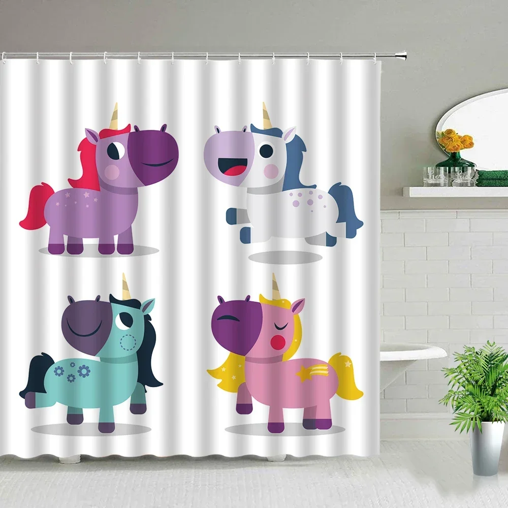 Cartoon Animal Unicorn Shower Curtains Rainbow Butterfly Kids Baby Bathroom Decor Bath Curtain Set Waterproof Fabric