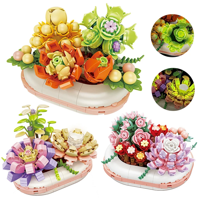 

MOC Flower Building Blocks Toys Creative Luminous Succulent Potted Plants Building Block Model DIY Home Decoration Ornament Gift