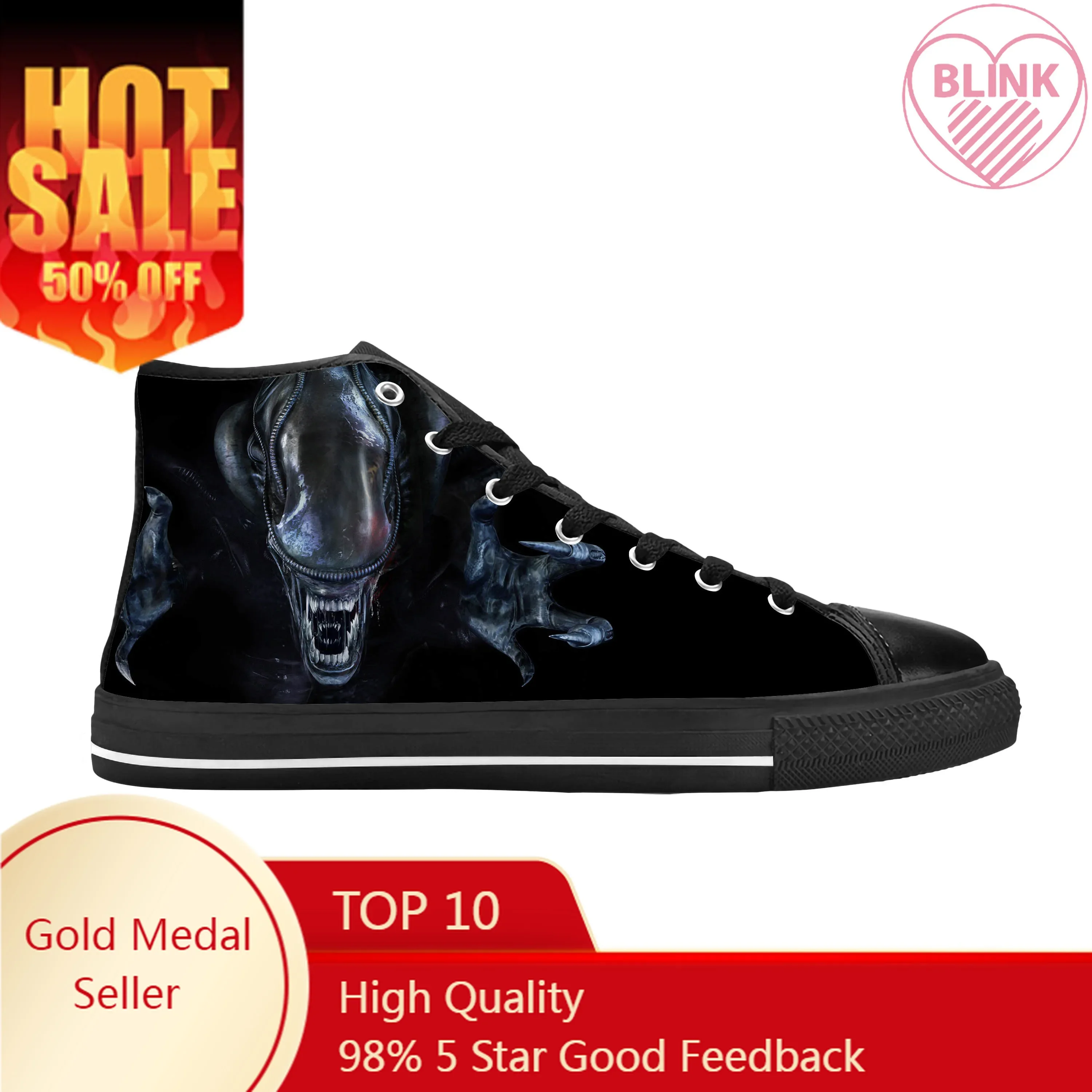 Hot Xenomorph Alien Horror Scary Gothic Halloween Casual Cloth Shoes High Top Comfortable Breathable 3D Print Men Women Sneakers