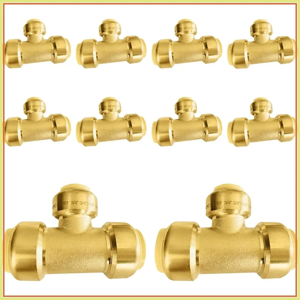 

10 PCS 3/4"x3/4"x1/2" Push Fit Tee, LF-Brass Fittings for PEX, Copper, CPVC, PE-RT Pipes with Disconnect Clip