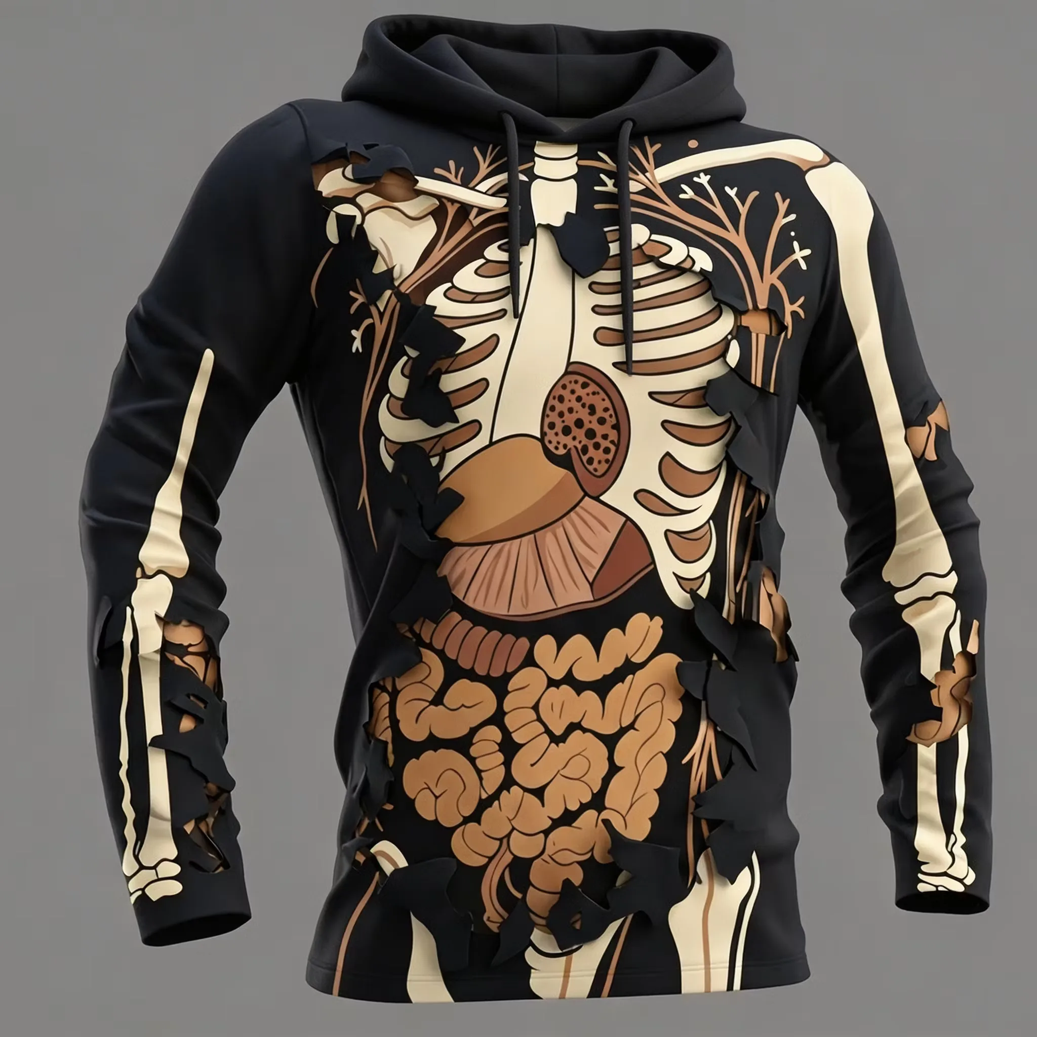 Men Halloween Anatomical Organ Skeleton 3D Print Hoodie Ripped Effect Human Internal Organ Graphic Drawstring Pocket Pullover