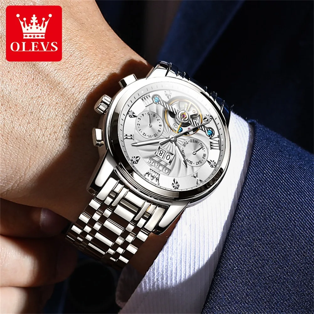 OLEVS-reloj con calendario multifuncional para hombre, accesorio masculino, resistente al agua, luminoso, automático, volante de inercia, mecánico,