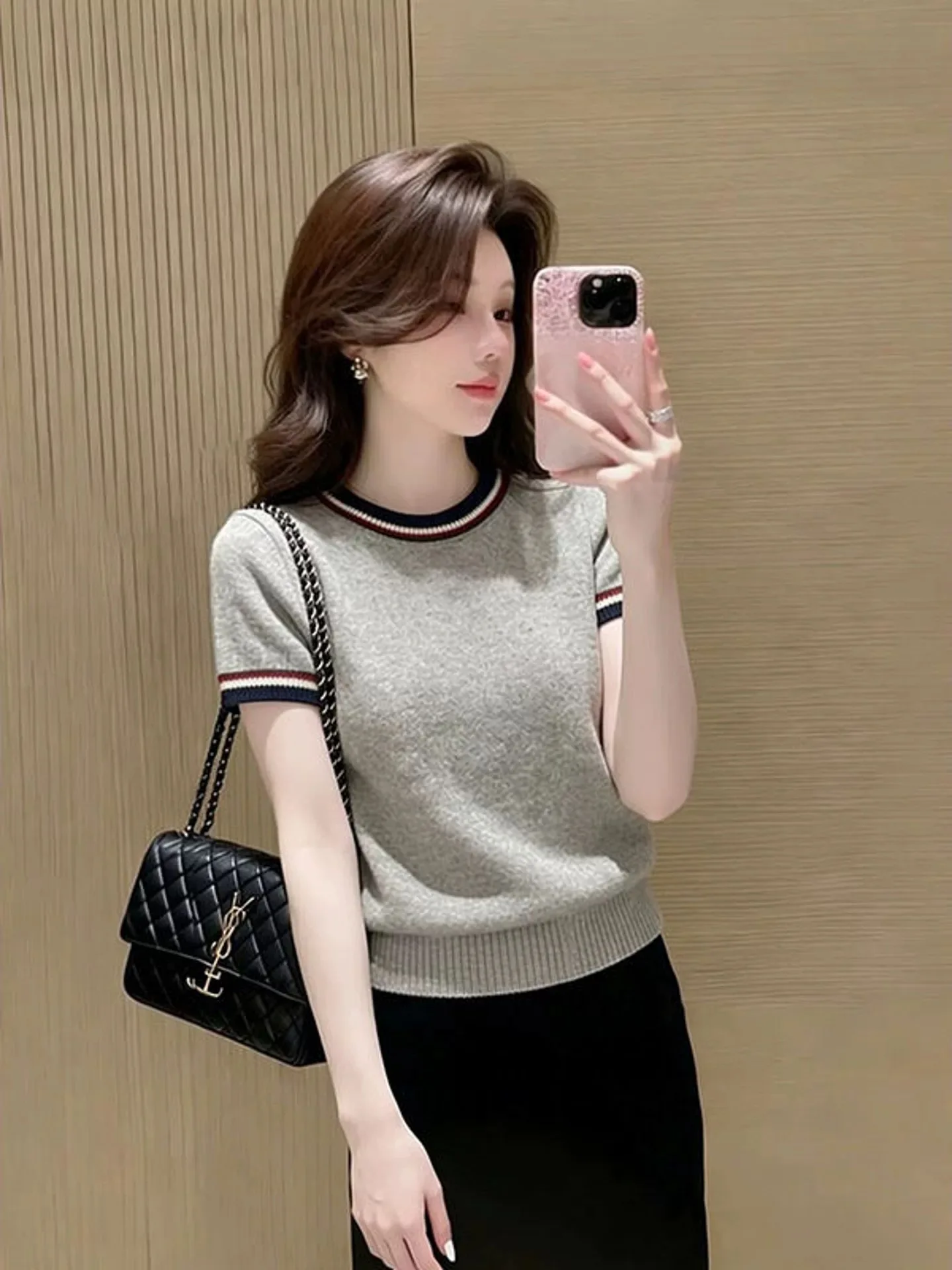 

Knitted short-sleeved round-neck T-shirt women's spring and summer 2026 new 100% wool sweater