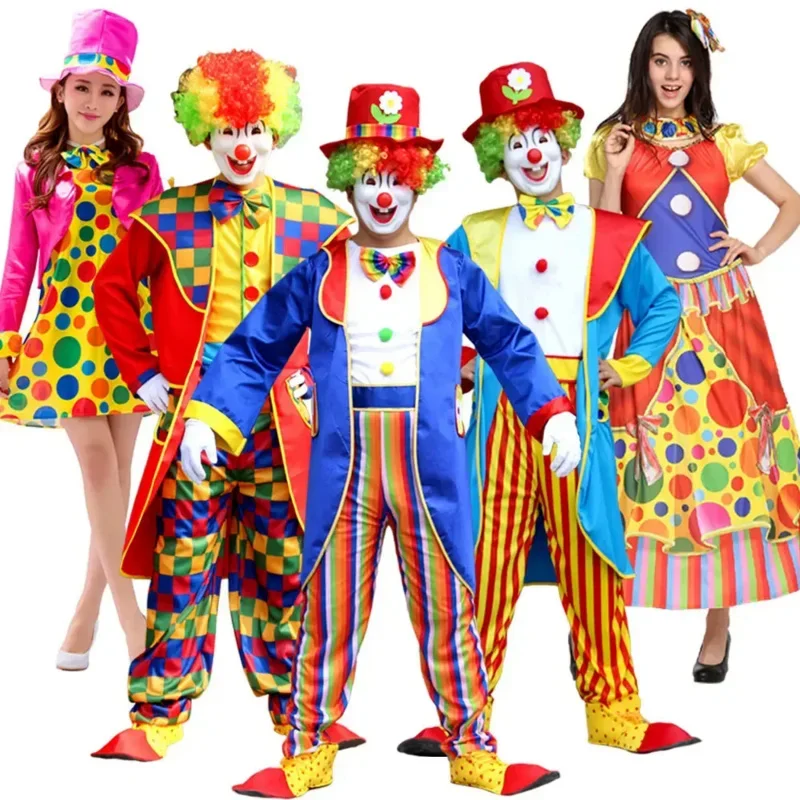 Volwassen Grappige Circus Clown Cosplay Kostuums Carnaval Party Show Met Pruik Schoenen Spons Neus Jurk Voor Mannen Vrouwen