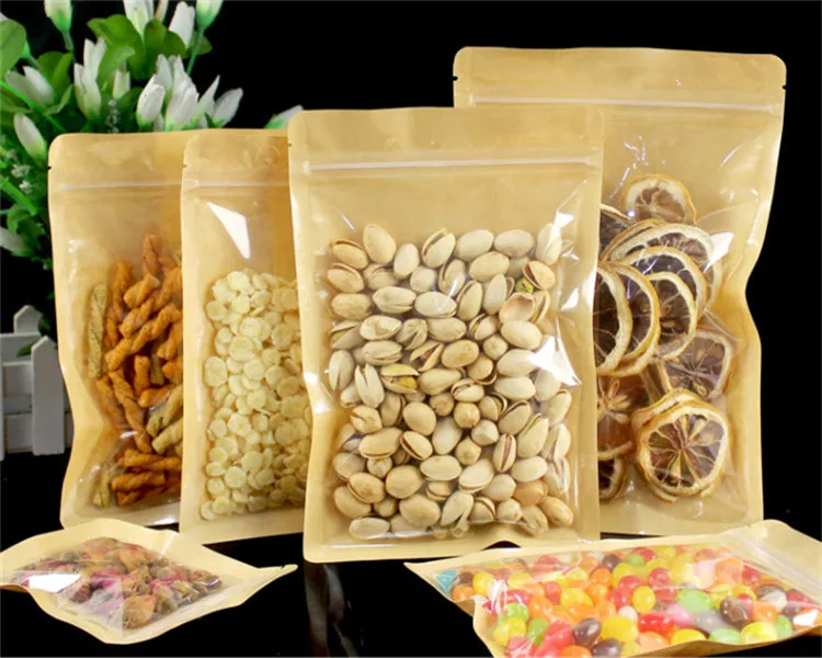 100PCS Flat Bottom Clear Front Kraft Paper Ziplock Bags Heat Sealing Coffee Beans Beaf Child Snack Tea Cereals Packaging Pouches