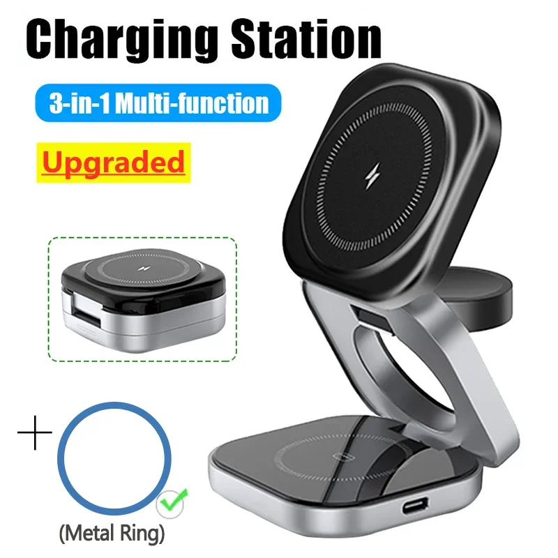 3 In 1 Foldable Magnetic Wireless Charger Stand For iPhone 15 14 13 Samsung IWatch AirPods 3/2 Station Dock Fast Charging Holder